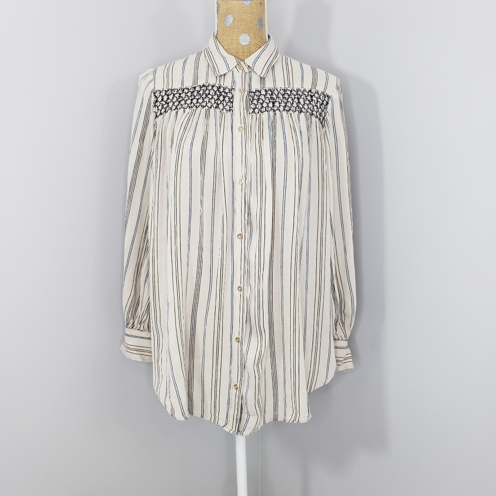 Anthropologie Floreat women smocked blue cream button tunic small